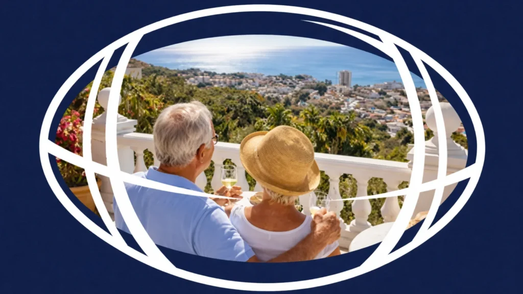 Couple de retraités admirant la vue sur la Costa del Sol depuis une terrasse